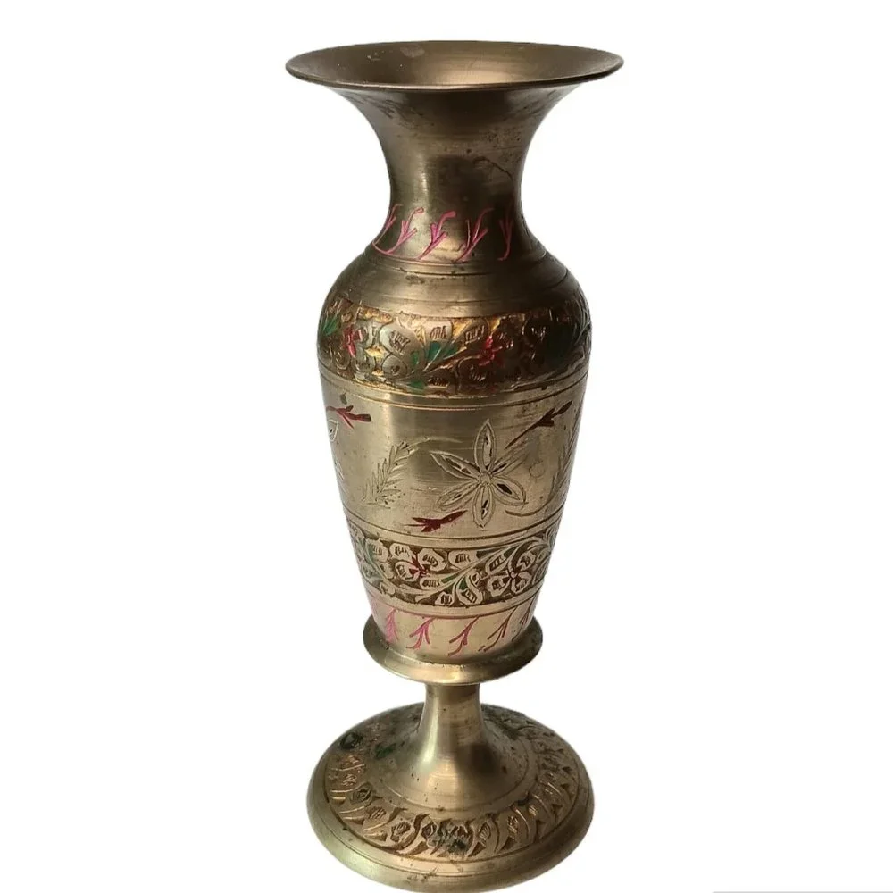 Brass Etched Enamel Inlaid Bud Vase Vintage Made in India